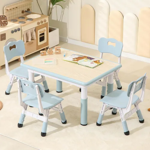 Hulaibit Juego de mesa y sillas para niños, mesa de niños con escritorio de graffiti y 4 sillas, mesa de estudio para niños con altura ajustable