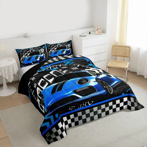 Miniatura 3 de Feelyou Juego de edredón azul de carreras para niños, juego de ropa de cama de coche deportivo para niños y niños, edredón deportivo geométrico a