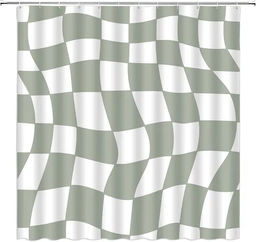 Cortina de ducha a cuadros verde salvia, retro, vintage, de los años 60 y 70, diseño de tablero de ajedrez, moderno, abstracto, estético, hippie,