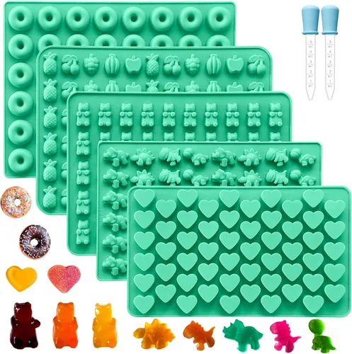 Juego de 5 moldes de goma de silicona, moldes de silicona para dulces con 2 cuentagotas para un relleno cómodo, juego de moldes de gomita incluye