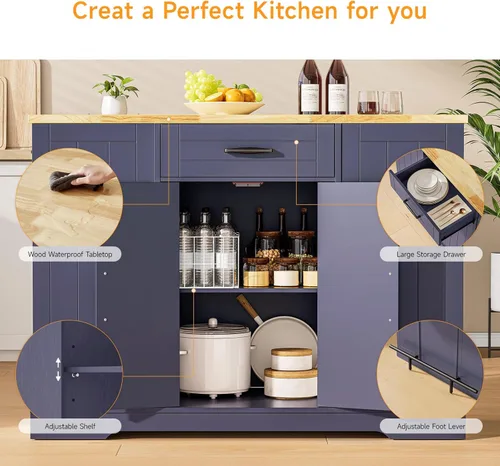 Miniatura 8 de ONBRILL Islas de Cocina Estacionarias Incluyen 2 Sillas, Isla de Cocina de 47" con Hoja Abatible, Mesa de Bar para el Hogar con Estante de Especias