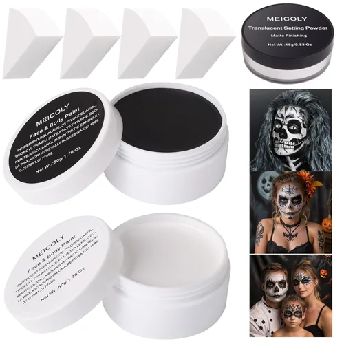 Miniatura 13 de MEICOLY Kit de maquillaje de payaso, pintura corporal blanca y negra para Halloween, Devil Joker Zombi, Vampire Skeleton SFX, pintura corporal