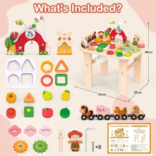 Miniatura 7 de Mesa de actividades de granja de madera para niños de 1, 2, 3 años, juguete de aprendizaje Montessori con laberinto de cuentas, clasificador