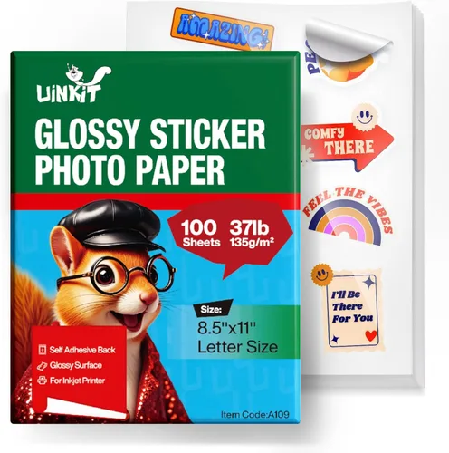 Uinkit 100 hojas de papel fotográfico con etiquetas adhesivas brillantes imprimibles de 8.5 x 11 pulgadas, hoja completa de inyección de tinta