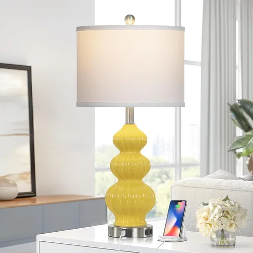 Miniatura 6 de Rinweey Juego de 2 lámparas de mesa de cerámica de triple calabaza, modernas lámparas de noche amarillas con puertos USB A+C y salida de CA, control