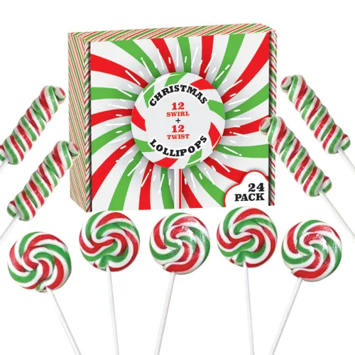 Paletas de caramelo navideñas - 24 paletas festivas envueltas individualmente al por mayor - 18g remolinos y 12g pop retorcido