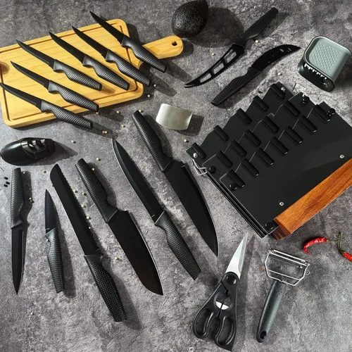 Miniatura 9 de Juego de 20 cuchillos de cocina con bloque, acero inoxidable alemán, apto para lavavajillas, mango antideslizante, color negro
