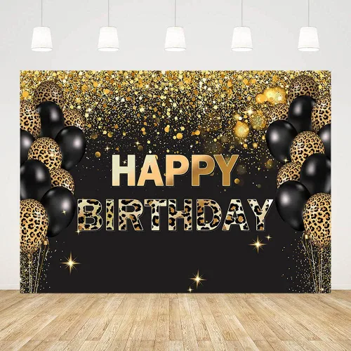 Telón de fondo de feliz cumpleaños de 7 x 5 pies, lentejuelas doradas, globos de leopardo negro con purpurina, fondo para fotos, decoración de