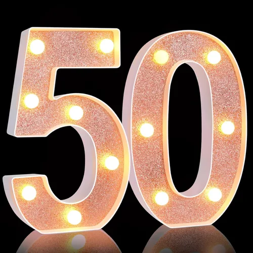 Treela Números LED iluminados decorativos de 8.7'' para cumpleaños, letrero de números de marquesina de purpurina para decoración de fiesta de Oro