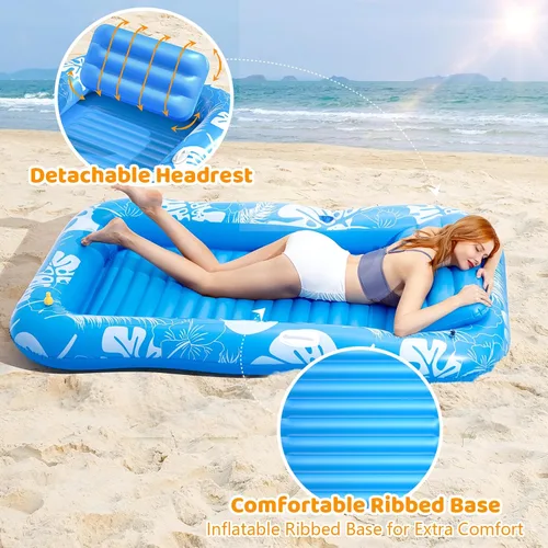 Miniatura 5 de Inflatable Tanning Pool Lounger Float with Sprinkler, 77" x 48" Pool Floats Adult with Pillow, 6 in 1 Suntan Tub Raft Floatie with Drink Holder Azul