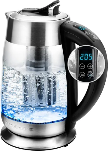 OVENTE Hervidor Eléctrico de Vidrio 1.8 Litros sin BPA - 1500W con Infusor de Acero Inoxidable, Control de Temperatura Ajustable, Apagado KG661S