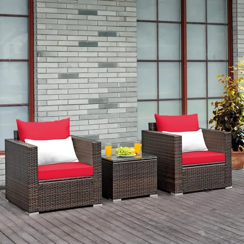 Miniatura 3 de COSTWAY Juego de muebles de patio de 3 piezas, sofá de mimbre para exteriores con cojines y mesa de centro con vidrio templado, juego moderno de Rojo