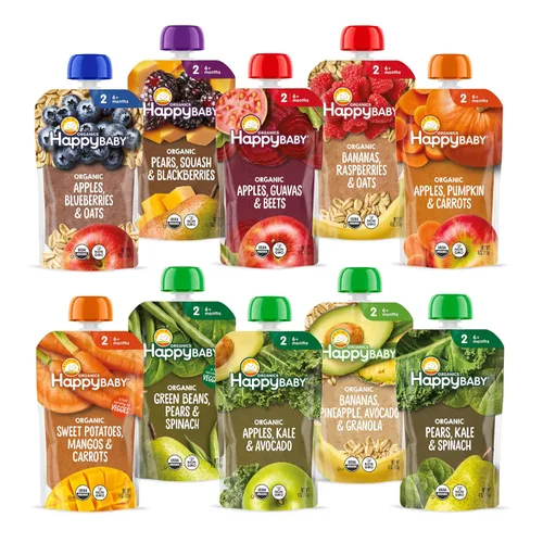 Alimentos orgánicos para bebé, fase 2, de Happy Baby, muestra de 10 sabores surtidos (paquete de 10)