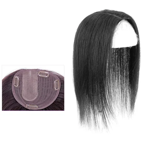 Miniatura 9 de LXUE Parte superior de cabello humano con base de seda natural para mujeres con cabello gris y delgado, parte superior de base de 5 x 5.5 pulgadas