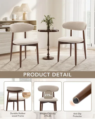 Miniatura 4 de Juego de 2 sillas de comedor, sillas de comedor tapizadas de granja, sillas de cocina de tela moderna con patas de madera maciza, color beige