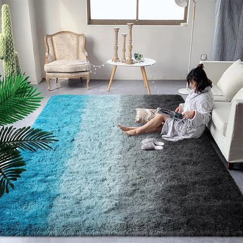 Miniatura 18 de DweIke Alfombras esponjosas de lujo para niños para sala de estar, dormitorio, 4 x 6 pies, alfombra de área negra y azul para niñas y niños, Azul