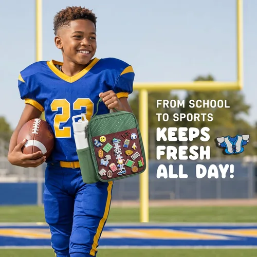 Miniatura 4 de Fit & Fresh Lonchera personalizable con dije para niños y niñas, lonchera infantil de fútbol con 6 dijes deportivos, bolsa de almuerzo reutilizable