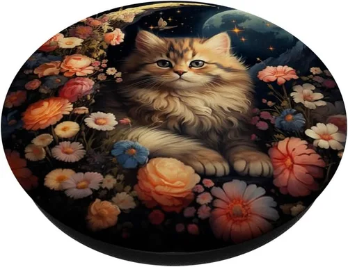 Miniatura 2 de Lindo gato floral jardín flores celestial luna creciente estrellas PopSockets estándar PopGrip