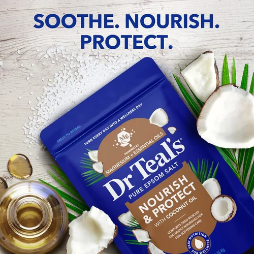 Miniatura 4 de Dr. Teal - Sal pura de Epsom remojada, nutre y protege con aceite de coco, 3 libras (el embalaje puede variar)