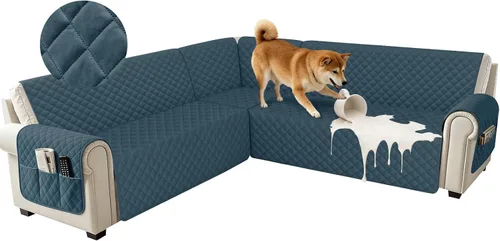 Miniatura 32 de Fundas impermeables para sofá seccional de esquina en forma de L, de terciopelo, juego de 6 piezas, funda en forma de U para sofá, para perros