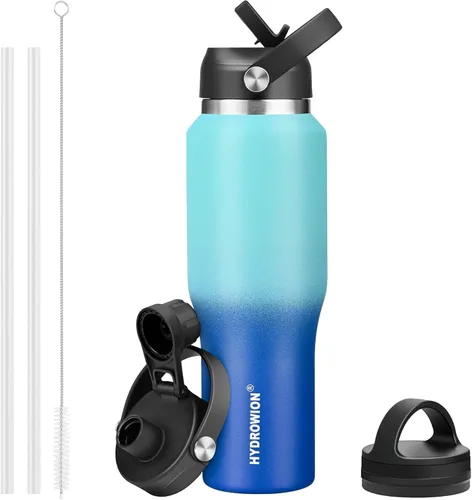 Miniatura 36 de HYDROWION Botella de agua de acero inoxidable, 32 onzas, boca ancha, doble pared, aislada al vacío, con tapa de pajilla, tapa de boquilla y tapa