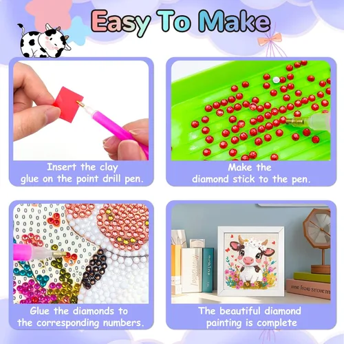 Miniatura 6 de QUITEDEW Kit de pintura de diamante de vaca con marco de madera, arte de diamantes de animales para principiantes, paquete pequeño y hermoso