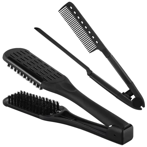 Miniatura 11 de CHENGU 2 piezas de peines para alisar el cabello, pinza de cerdas de jabalí de doble cara y cepillo en forma de V para peinar el cabello, para Negro