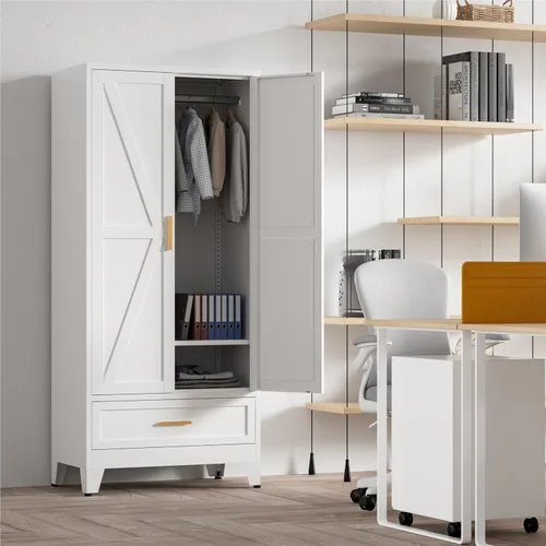 Miniatura 8 de Washsemba 180 cm de armario de metal para casa rural con barra para colgar, 2 armarios de granero con estantes ajustables, cajón, para comedor