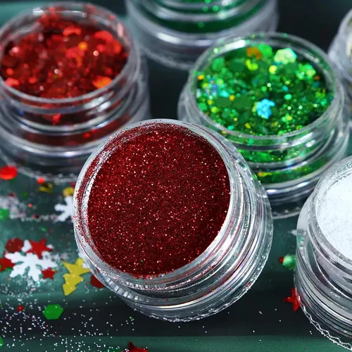 Miniatura 8 de Brillantina para uñas de Navidad, copos de nieve, lentejuelas de uñas rojo y verde, diseños de Navidad mezclados en polvo, hexágono, copos