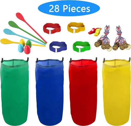 Miniatura 7 de 28 bolsas de carreras de sacos de papas, carreras de huevos y cucharas, juegos de carnaval, bandas de carreras de relevo de 3 patas, juegos al aire