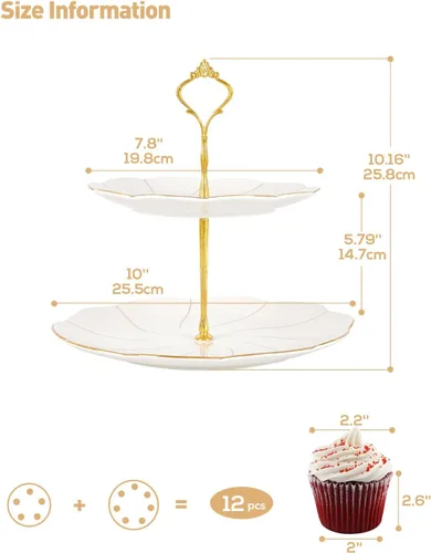 Miniatura 3 de DUJUST Torre de porcelana de lujo de 2 niveles para cupcakes, bandeja de servir estilo británico con borde dorado, soporte de exhibición de postres
