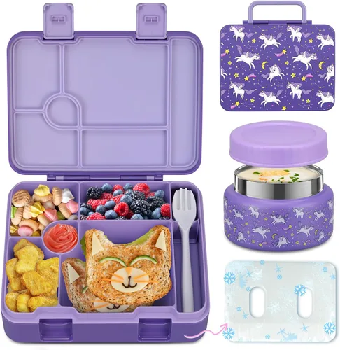 Miniatura 14 de Fiambrera Bento para niños con paquete de hielo, caja Bento a prueba de fugas de 5 compartimentos con utensilios, capacidad de 5.5 tazas