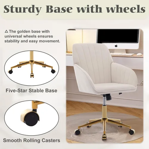 Miniatura 6 de Silla de tocador de terciopelo con ruedas, silla giratoria de maquillaje de altura ajustable, silla de escritorio pequeña sin brazos para Blanco-2