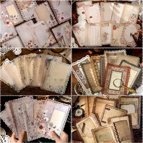 Juego de 60 hojas de papel de papelería vintage con ribete de encaje, para escritura de cartas, papel de álbum de recortes, suministros de diario