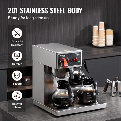 Miniatura 5 de VEVOR Cafetera Comercial de Goteo de 12 Tazas, Máquina de Café con 3 Jarras de Vidrio y 3 Platos Calentadores, Cafetera de Acero Inoxidable