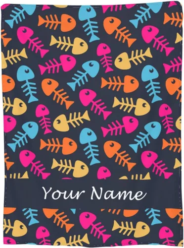 Manta personalizada con texto de tu nombre, mantas de vellón coloridas personalizadas con huesos de pescado para adultos, niños, familia,