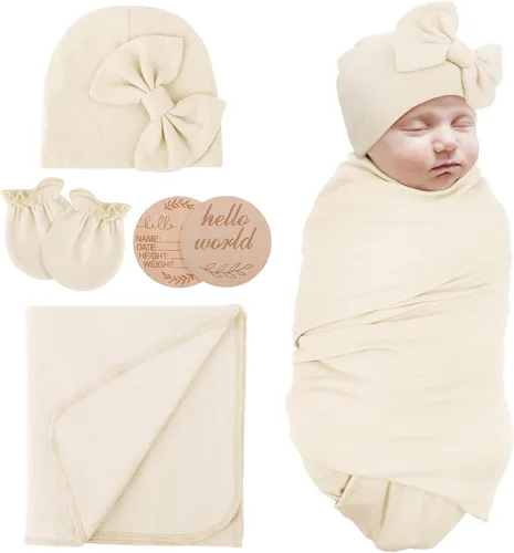 Miniatura 20 de AQOKKA Manta de Recepción para Recién Nacido con Gorro de Lazo Mitones Juego de Tarjetas de Madera para Recién Nacidos Niños Pequeños Bebé Niño Niña
