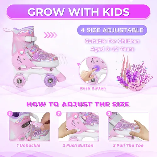 Miniatura 3 de MammyGol Patines de Ruedas para Niñas Niños, 4 Tamaños Ajustables Patines Cuádruples para Niños Pequeños Interiores Exteriores Edades 3-8, Rosa Azul
