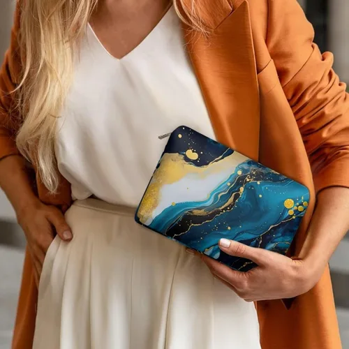Miniatura 4 de Flashideas Bolsa de maquillaje portátil de cuero impermeable bolsa de cosméticos embrague maquillaje cepillo bolsa, Estampado De Mármol Azul 1