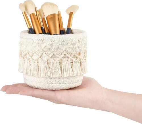 Miniatura 6 de Mkono Soporte Organizador de Brochas de Maquillaje de Macramé Peine Brochas Mini Cesta de Almacenamiento Juego de 2 Cestas de Decoración Boho