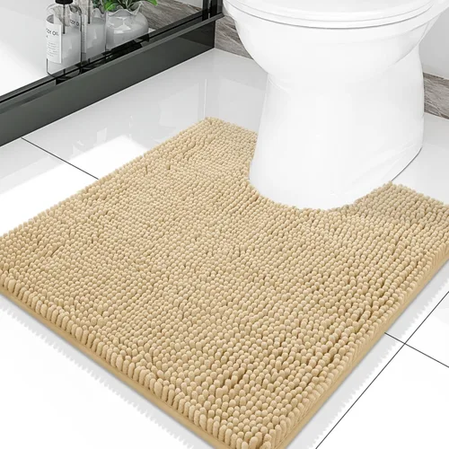 Smiry Tapetes de baño de lujo de chenilla en forma de U de 20x20, tapetes suaves y absorbentes antideslizantes para inodoro, tapetes de baño Beige