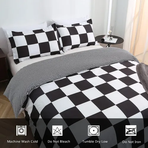 Miniatura 4 de Juego de funda de edredón tamaño Queen, juego de ropa de cama de 3 piezas a cuadros negros y blancos (1 funda de edredón + 2 fundas de almohada)