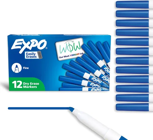EXPO Marcadores de borrado en seco, tinta de bajo olor, azul, punta fina, 12 unidades, pizarra blanca, calendario, organización, suministros