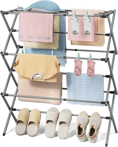 KINGBOARD Tendedero de secado de ropa plegable con 11 postes, estante de secado de lavandería de 3 niveles, estante de secado de ropa pequeño