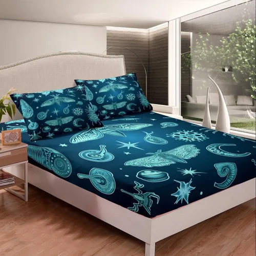 Miniatura 2 de Erosebridal Juego de ropa de cama color verde azulado tamaño individual, sábana bajera ajustable de polilla exótica Trippy Sun y Moon para niñas