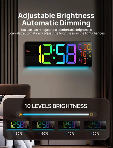 Miniatura 5 de MASHI Reloj digital grande de montaje en pared de 17.3 pulgadas, reloj digital con control remoto, alarma, LED grande, color RGB, DST, temperatura
