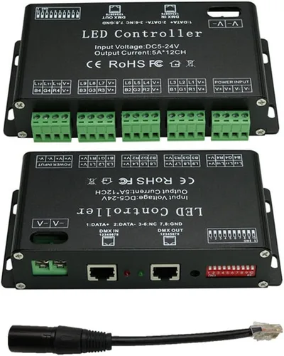 AMKI Controlador de decodificador LED DMX 512 para controlador de atenuador de luz de tira de cinta RGB (12 canales)