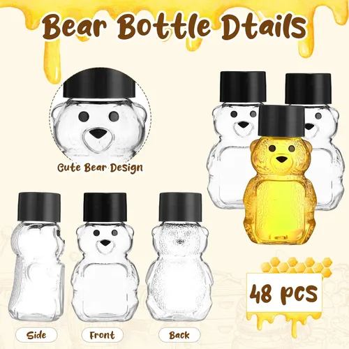 Miniatura 3 de Patelai 48 botellas de plástico de 2 onzas con osito de miel, recipientes de miel vacíos transparentes a granel, reutilizables, mini tarros