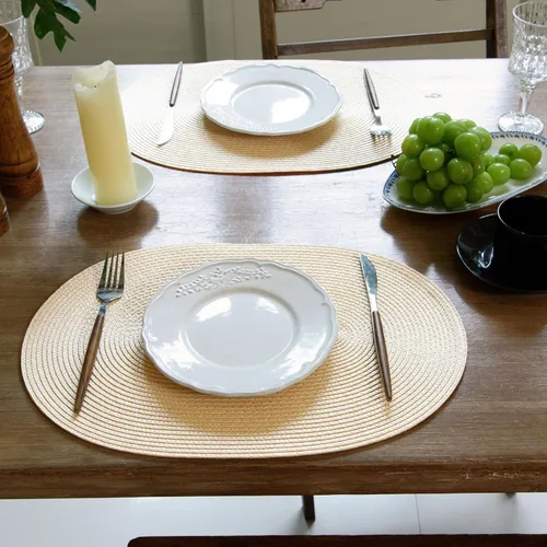 Miniatura 5 de FunWheat Juego de 4 manteles individuales ovalados trenzados para mesas de comedor, lavables, resistentes al calor, para uso en interiores y Beige