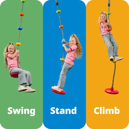 Miniatura 3 de Jungle Gym Kingdom Columpio de Árbol para Niños - Asiento de Disco Individual y Set de Cuerda de Escalada Arcoíris con Mosquetón y Correa de 2.6